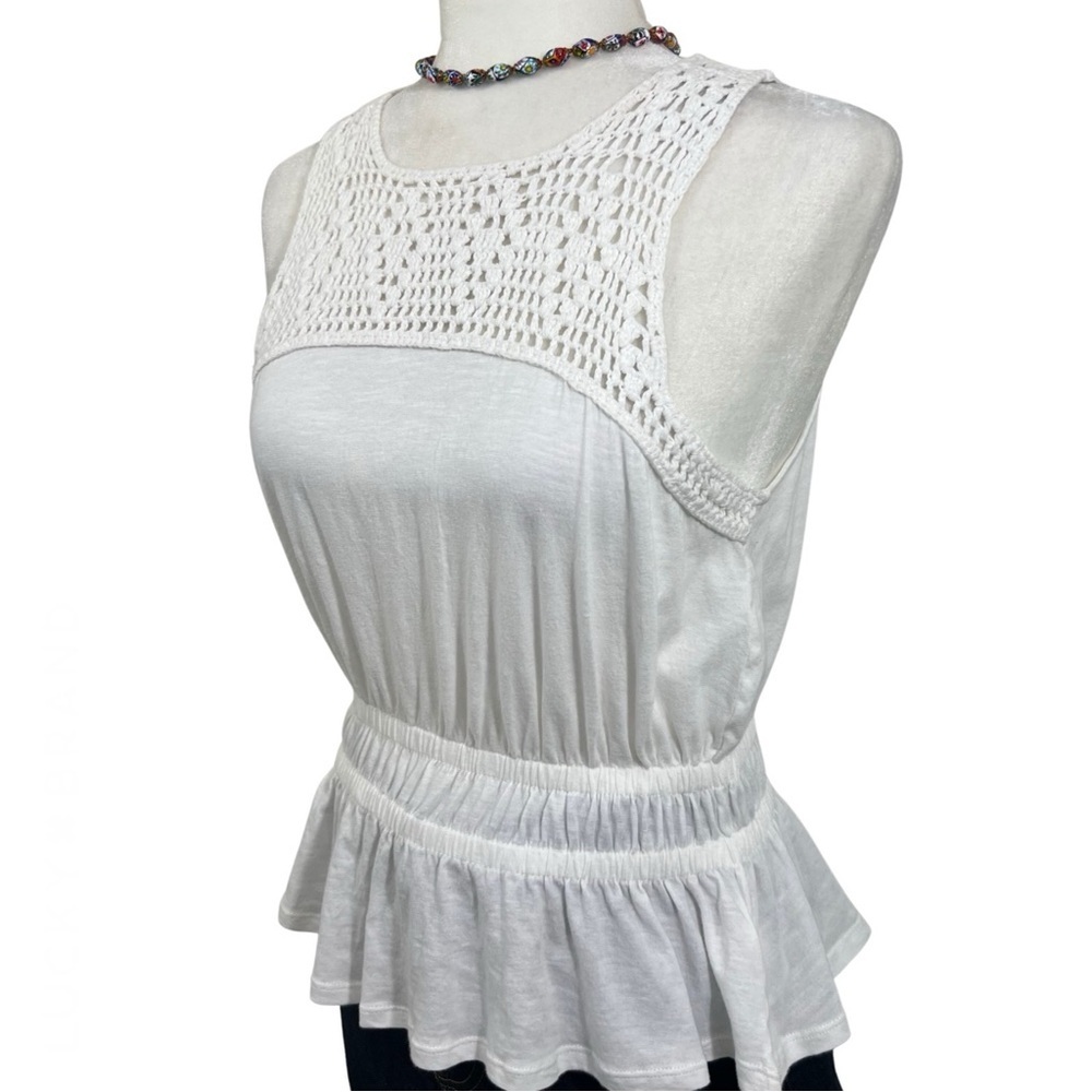 Lucky Brand Crochet Peplum Top Sleeveless Double Band Waist White XS 7WP6683 NWT - Picture 4 of 16